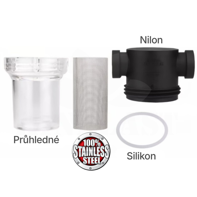 Vodní filtr pro závlahy a čerpadla, napojení GV 3/4, filtr vysokotlaký, pro zachycení jemných mechanických nečistot, včetně adaptérů 