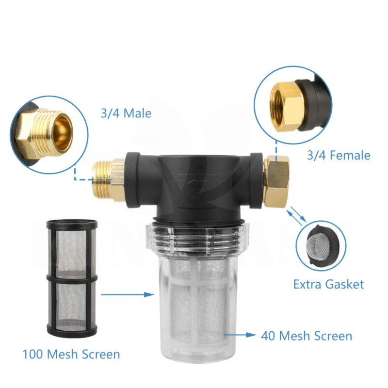 Vodní filtr pro závlahy a čerpadla, vysokotlaký čistič, sedimentní filtr s 40 Mesh sítkem, 2x extra 100 Mesh, 3x O-kroužek, 4x sítko