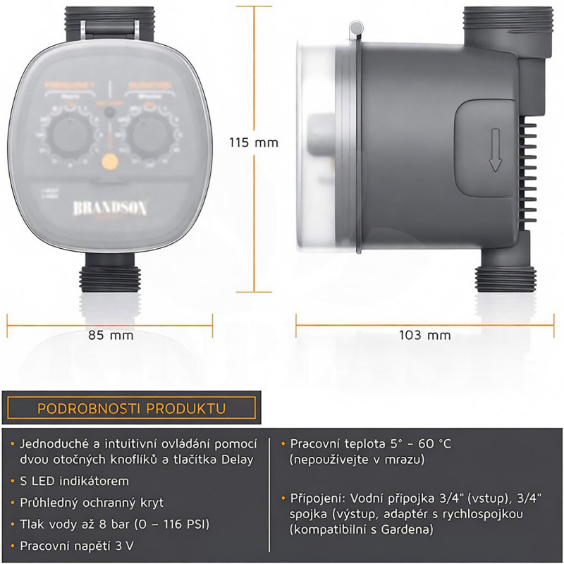 Zavlažovací hodiny Brandson, regulace času a cyklu, 2x 1,5V AAA, tlak 0,0 až 8,0 barů 