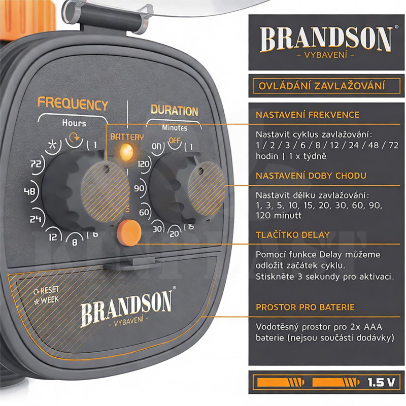 Zavlažovací hodiny Brandson, regulace času a cyklu, 2x 1,5V AAA, tlak 0,0 až 8,0 barů 