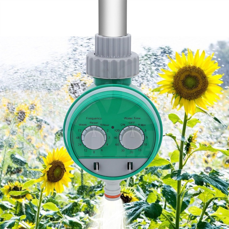 Zavlažovací hodiny analogové na 2x 1,5V AAA, tlak 0,5 až 4,0 barů, regulace času od 1 min až 2 hod a nastavení cyklu