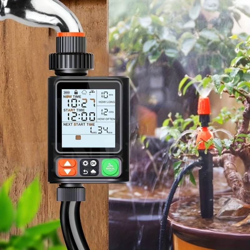 Zavlažovací hodiny WT-09, programovatelný zavlažovací časovač, s dešťovým senzorem, velký displej LCD