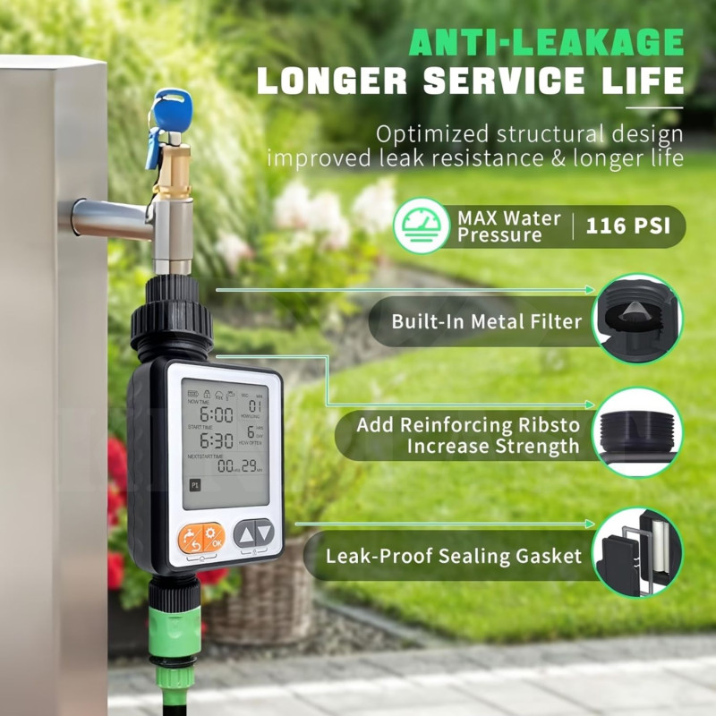 Zavlažovací hodiny WT-05, programovatelný zavlažovací časovač, s dešťovým senzorem, velký displej LCD