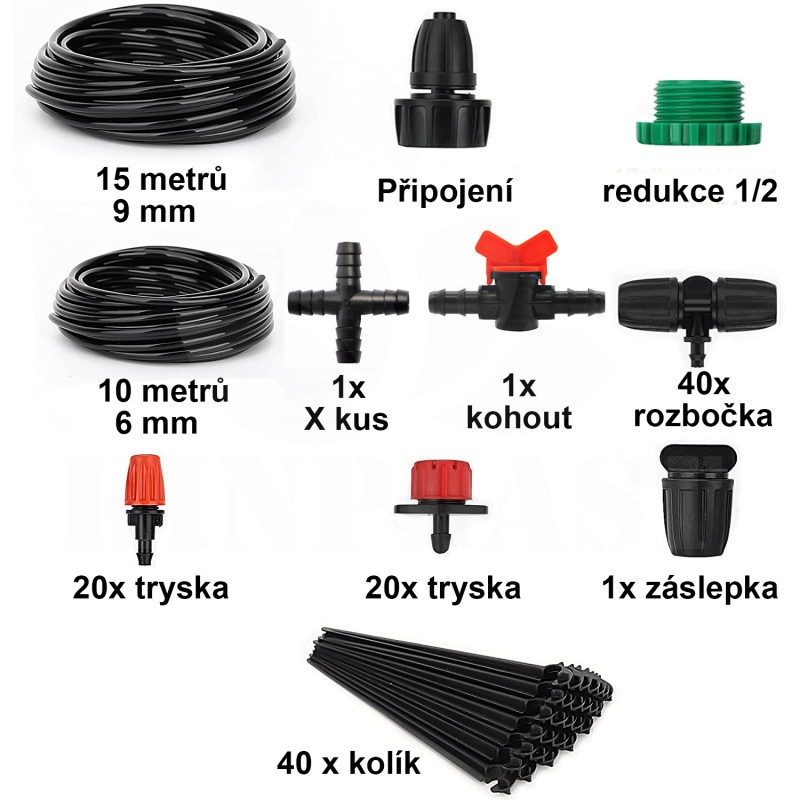 Zavlažovací sada univerzální, 15m 9mm + 10m 6mm hadička, 40 regulovatelných trysek, uzavírací kohout