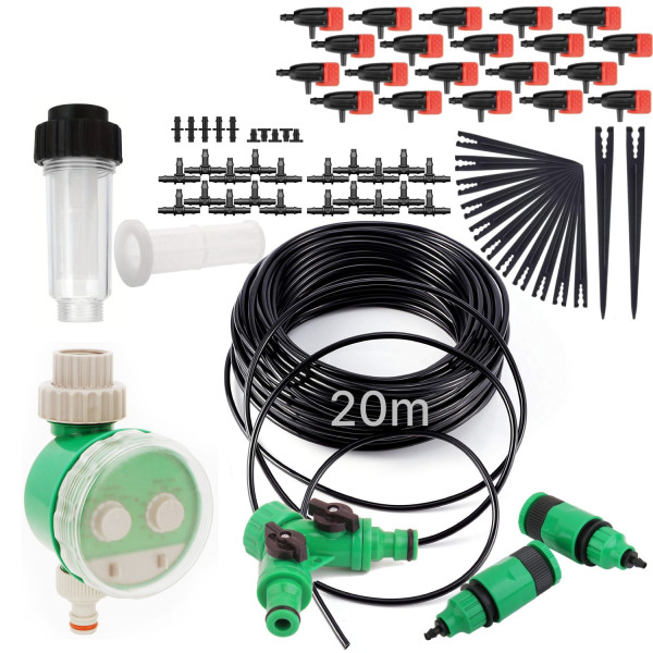 Zavlažovací sada 20m, 20x regulovatelné kapkovače, 4/7 mm hadička, automatické, mechanické, bateriové hodiny zdarma