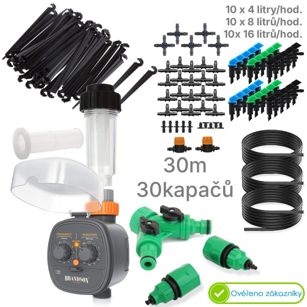 Zavlažovací sada 30m, 30x regulovatelné kapkovače, 4/7 mm hadička, automatické, mechanické, bateriové hodiny zdarma