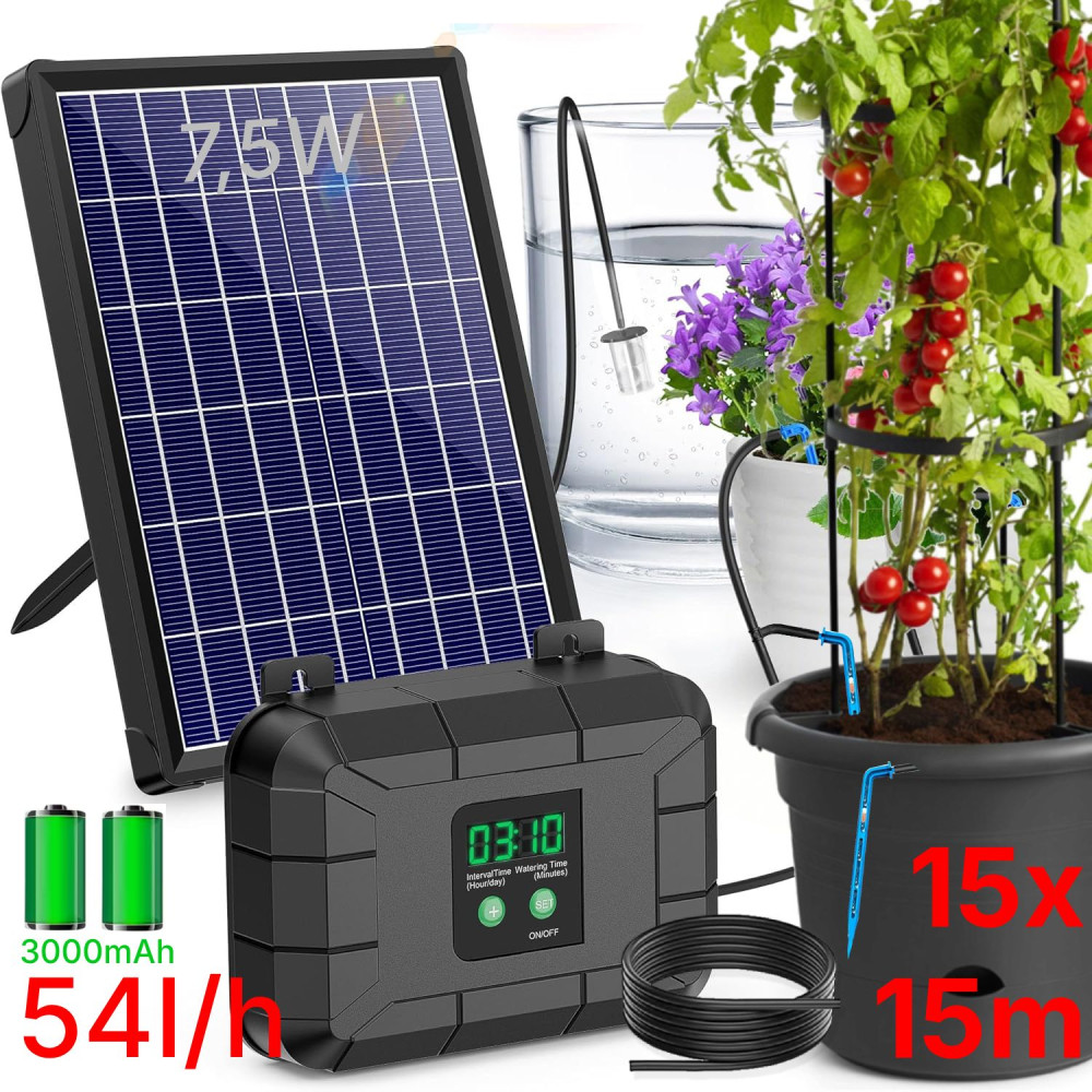 Automatická solární závlaha - 15 Biling 54l/h, baterie 3000 mAh, zavlažovací systém 15 kapačů, solární panel 7,5 W, 15 m