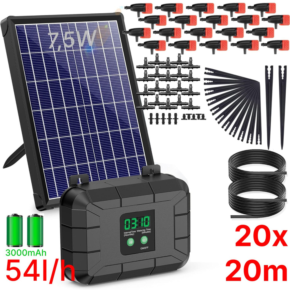 Automatická solární závlaha - 20 Biling 54l/h, baterie 3000 mAh, zavlažovací systém 20 regulovatelných kapačů, solární panel 7,5 W