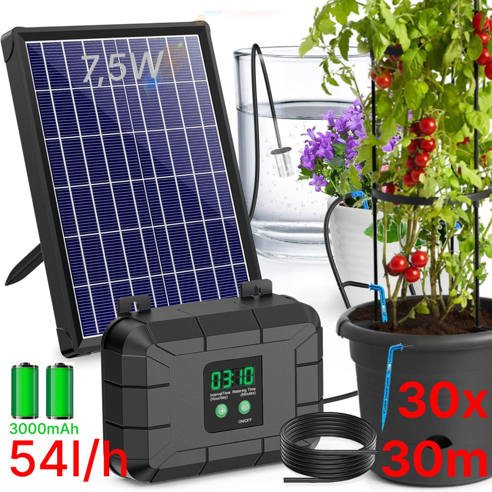 Automatická solární závlaha - 30 Biling 54l/h, baterie 3000 mAh, zavlažovací systém 30 kapačů, solární panel 7,5 W, 30 m