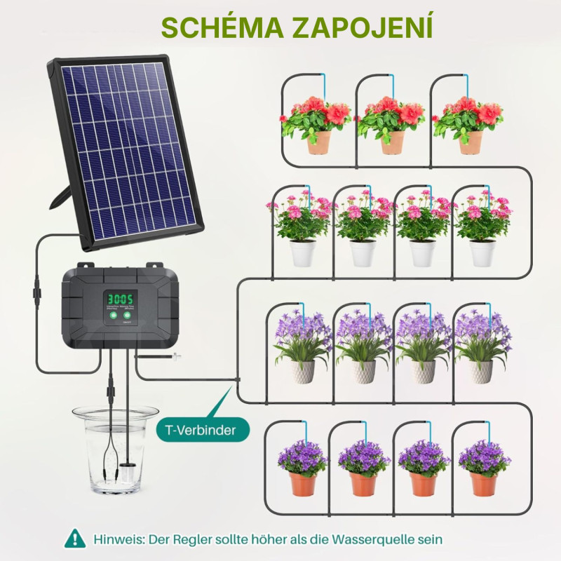 Automatická solární závlaha - 30 Biling 54l/h, baterie 3000 mAh, zavlažovací systém 30 kapačů, solární panel 7,5 W, 30 m