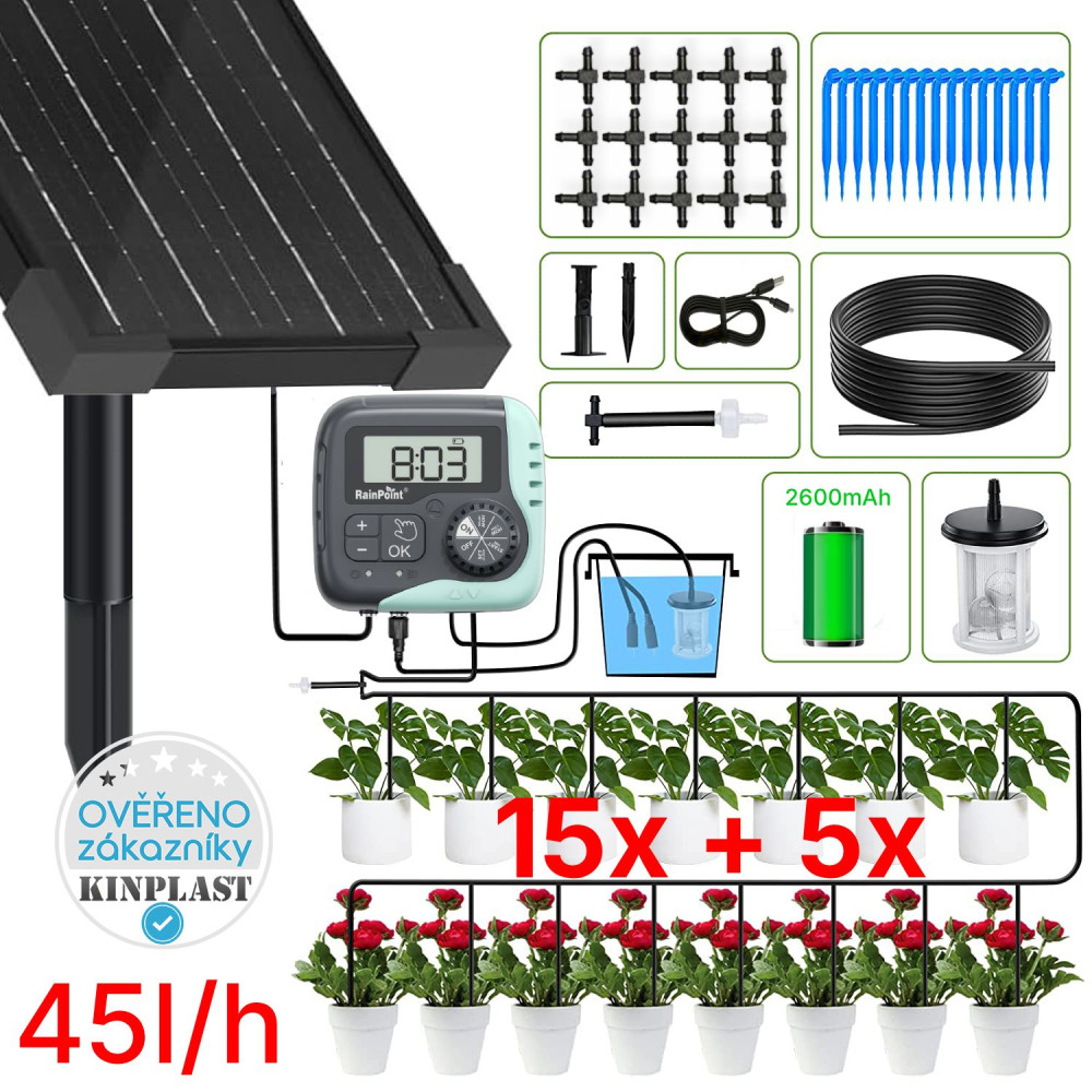 Automatická solární závlaha - 20 Rainpoint 45l/h, baterie 2600 mAh, zavlažovací systém 15 kapačů + rozšiřující sada 5 kapačů