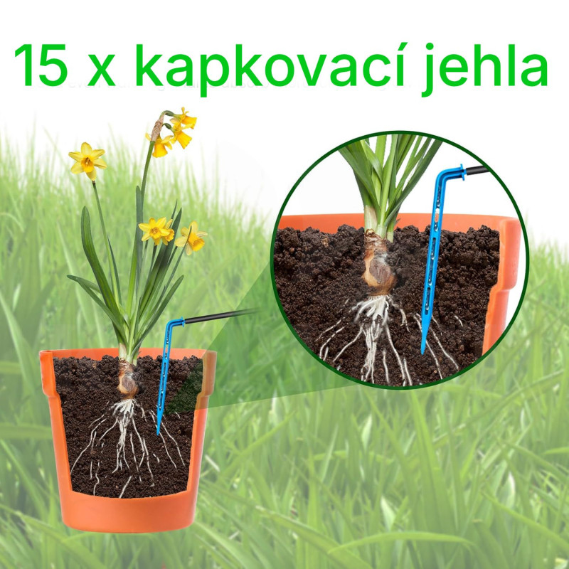 Automatická solární závlaha - 30 Biling 54l/h, baterie 3000 mAh, zavlažovací systém 30 kapačů, solární panel 7,5 W, 30 m