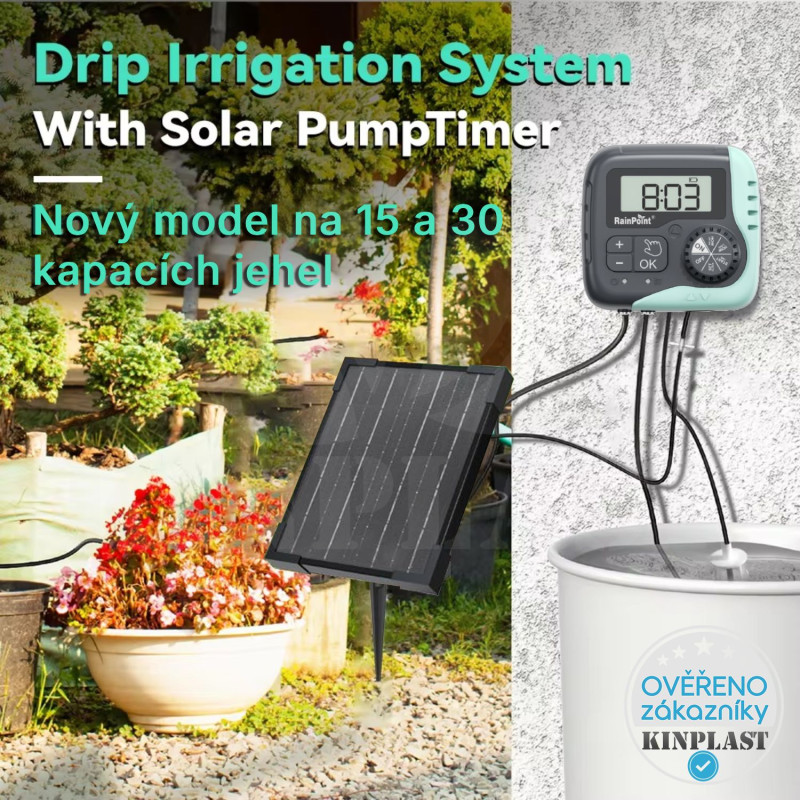 Automatická solární závlaha - 15 Rainpoint 45l/h, baterie 2000 mAh, zavlažovací systém 15 kapačů, Pump Irrigation kit