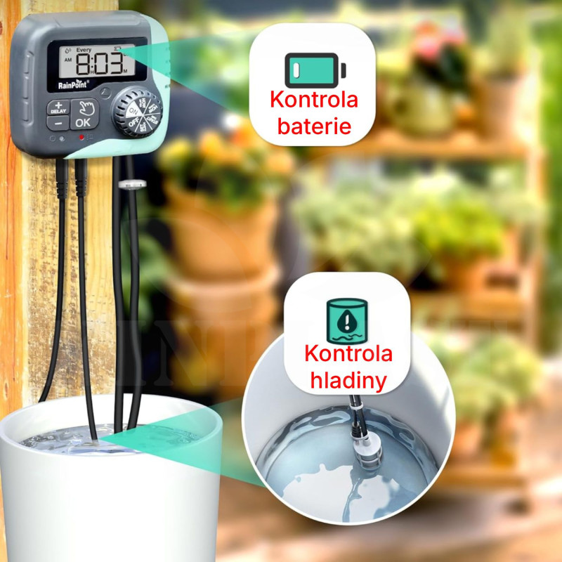 Automatická solární závlaha - 15 Rainpoint 45l/h, baterie 2000 mAh, zavlažovací systém 15 kapačů, Pump Irrigation kit
