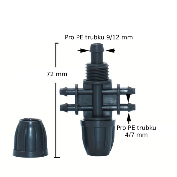 Spojka AQUA pro rozvod 9/12 mm hadice a redukce na 4/7 mm hadičku, čtyřcestná, černá