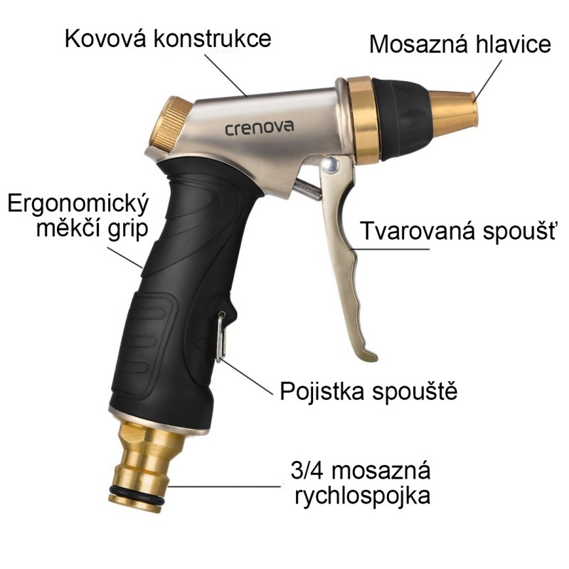 Zahradní stříkací pistole, kvalitní kovové tělo, plynulé nastavení a rychlospojka 