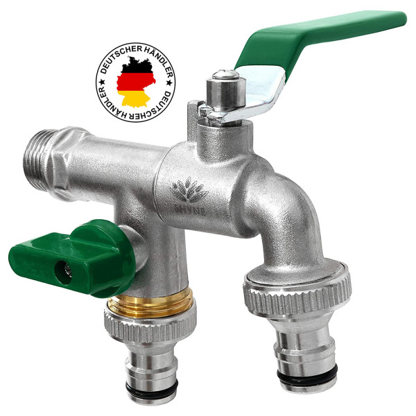 Zahradní kohoutek Premium, dvojitý kohoutek odolný vůči korozi a mrazu + 2 x přípojky na hadice, připojení 1/2 palce