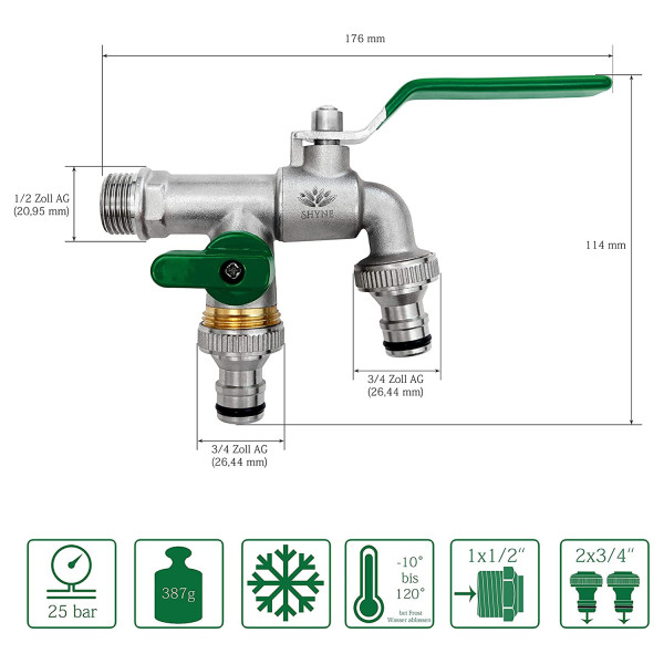 Zahradní kohoutek Premium, dvojitý kohoutek odolný vůči korozi a mrazu + 2 x přípojky na hadice, připojení 1/2 palce