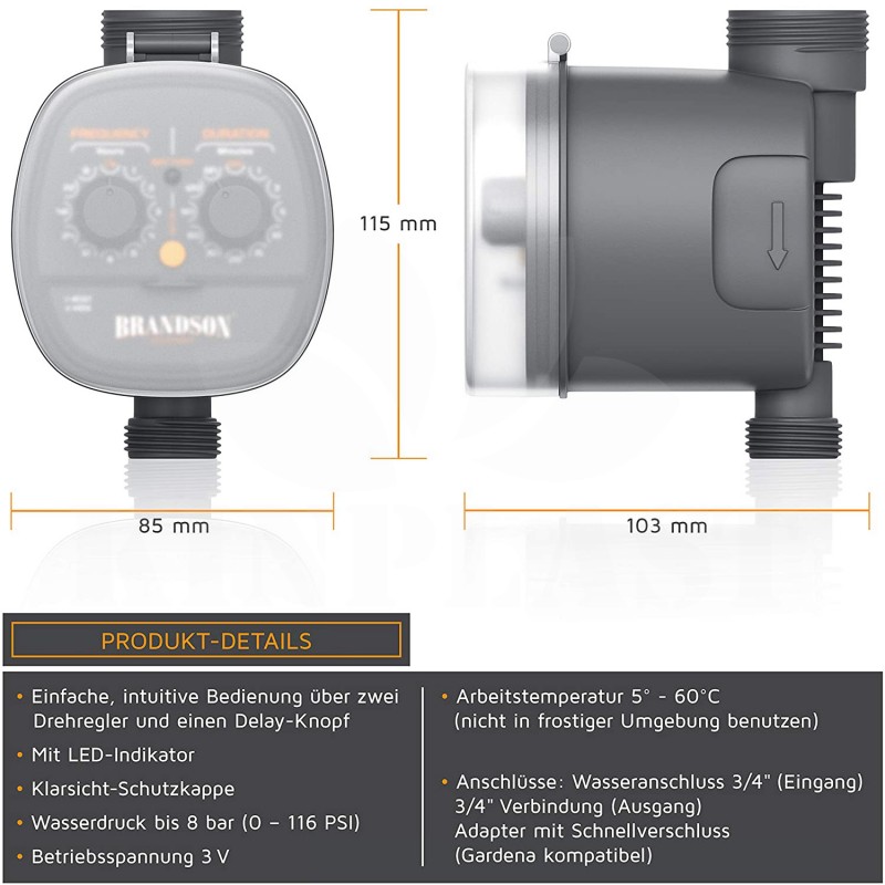 Zavlažovací hodiny Brandson, regulace času a cyklu, 2x 1,5V AAA, tlak 0,0 až 8,0 barů 