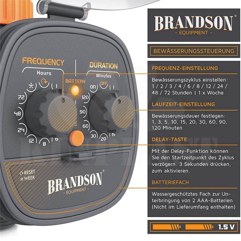 Zavlažovací hodiny Brandson, regulace času a cyklu, 2x 1,5V AAA, tlak 0,0 až 8,0 barů 