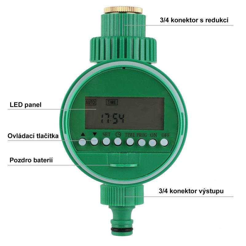 Zavlažovací digitální hodiny na 2x 1,5V AAA baterie, tlak 0,5 až 4,0 barů, přívod i výstup 3/4