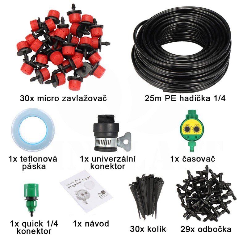 Zavlažovací sada 25m, 6mm hadička, 30 trysek + zdarma mechanické automatické hodiny 