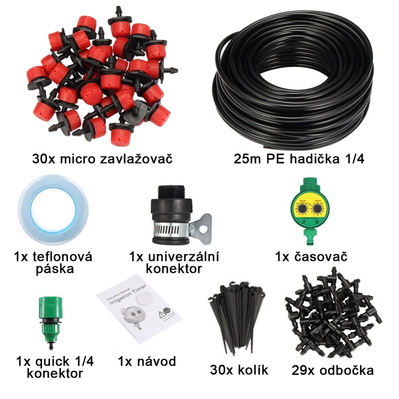 Zavlažovací sada 25m, 6mm hadička, 30 trysek + zdarma mechanické automatické hodiny 